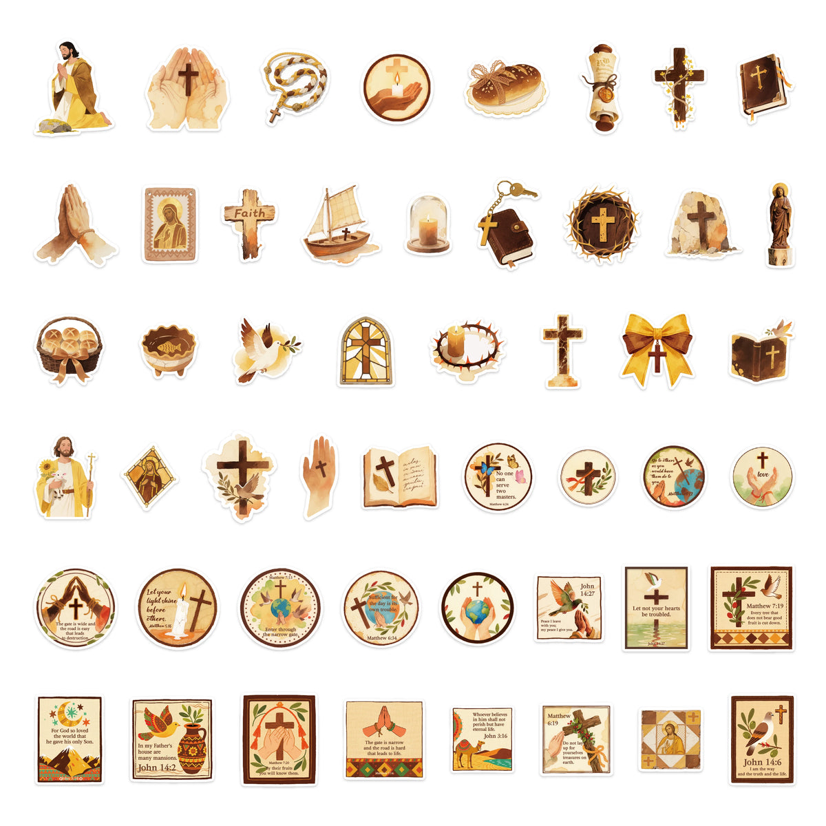 autocollants jésus illustration vintage 50 pièces beige marron doré motifs religieux