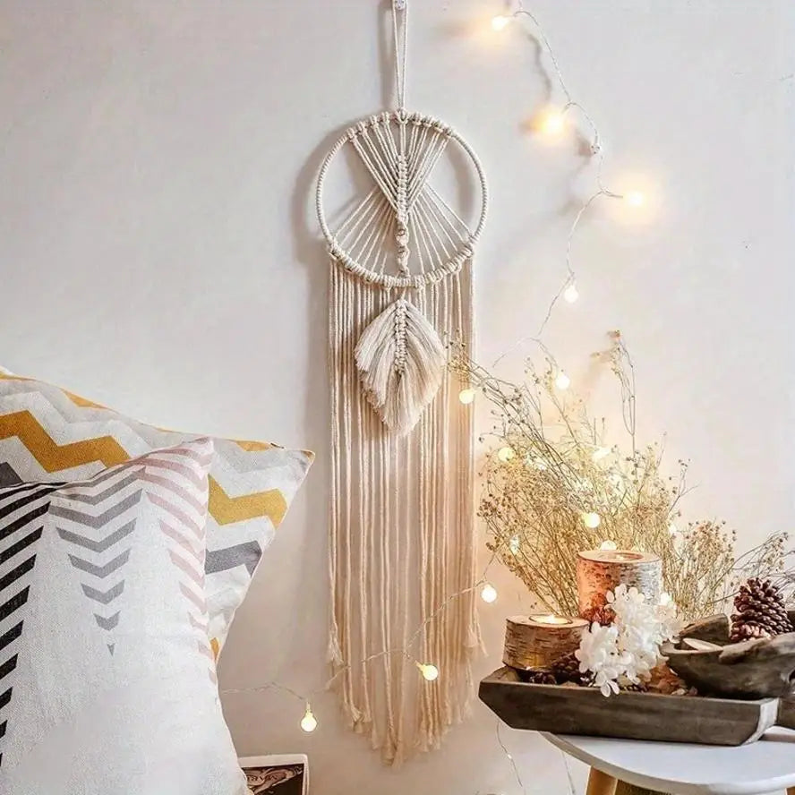 attrape rêves boho chic macramé plume franges beige clair noels réguliers chambre décoration