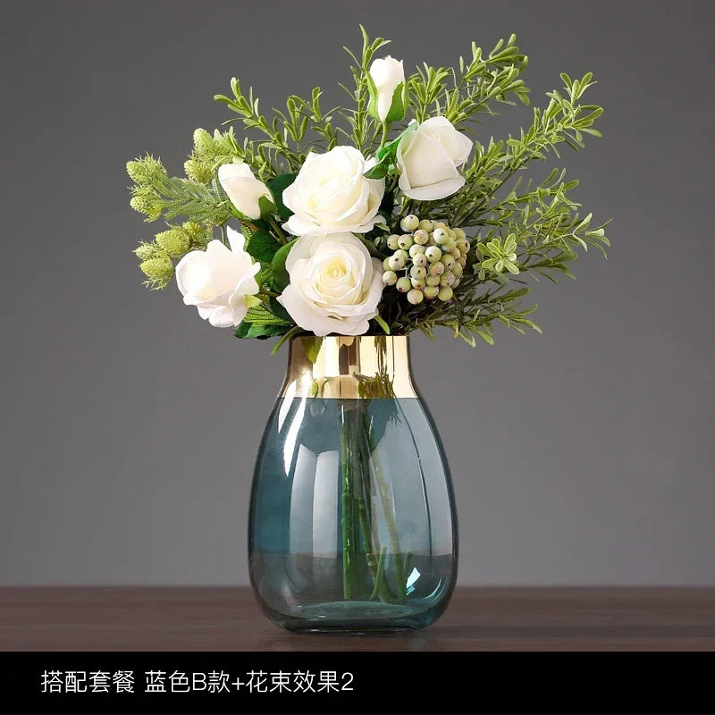 vase transparent moderne fleurs artificielles bleu doré élégant bouche vase 10cm largeur 16cm hauteur