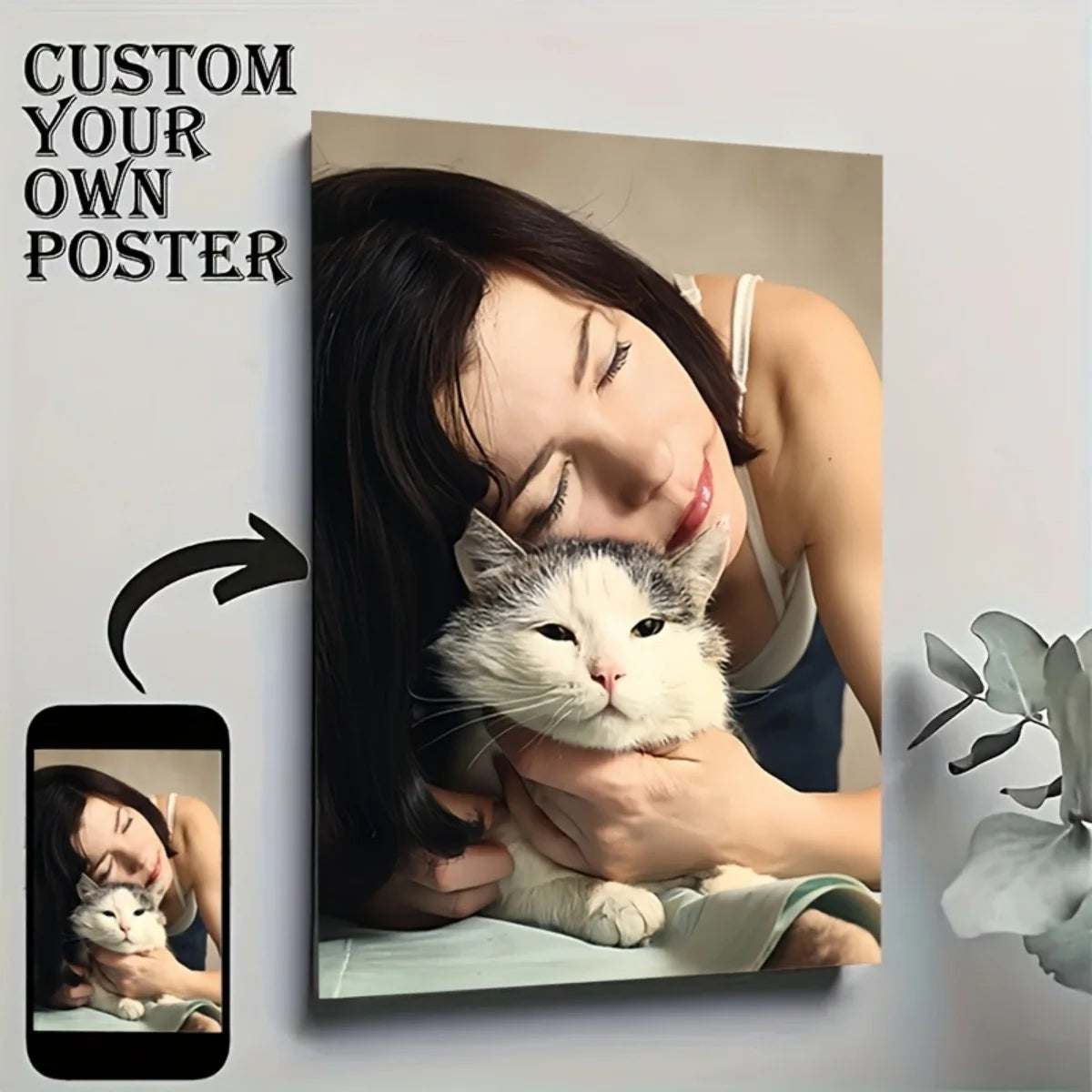 décoration murale moderne poster personnalisable femme chat blanc gris rose bleu moderne réaliste 20x30cm