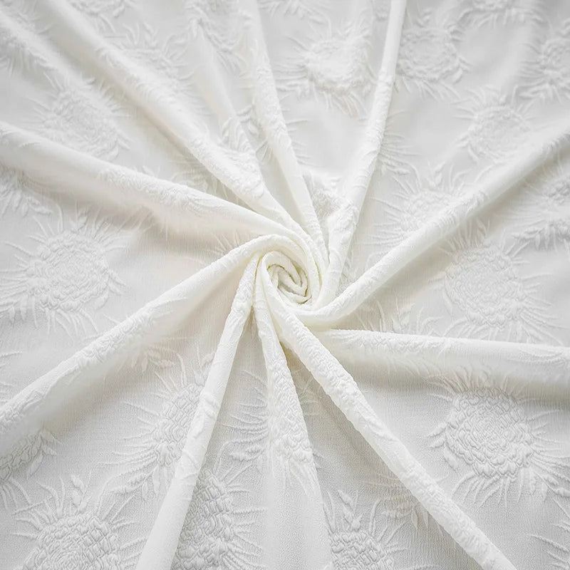 tissu polyester élastique fleurs blanches texture classique 150cm large 240g/m