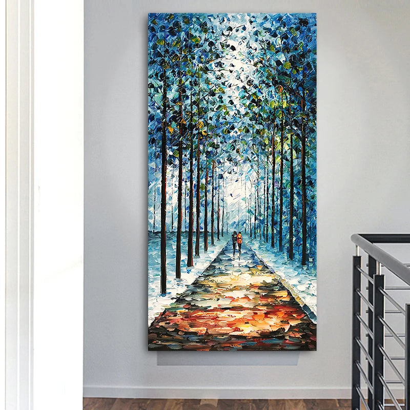 Toile romantique bleue chemin forêt hiver décoration murale