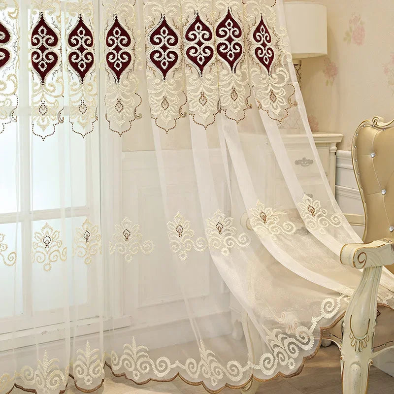 rideau beige marron broderie florale élégant classique transparent anneaux franges décoratives