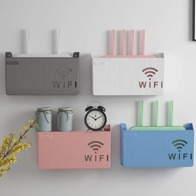 support mural routeur wifi gris rose bleu rayures horizontales moderne salon