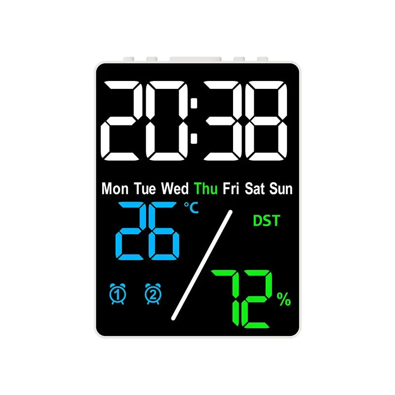 horloge numérique moderne affichage heure jour température humidité alarme rechargeable noir blancécran led