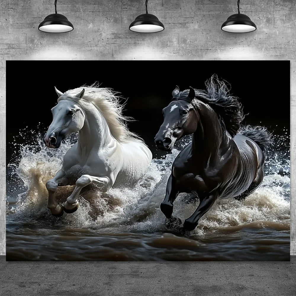 toile d'art chevaux galopants eau blanc noir réaliste mural décoration maisonpaquepaque