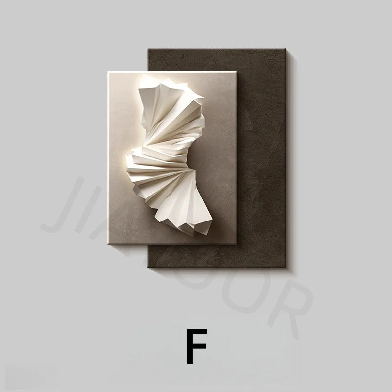 tableau abstrait contemporain mural led blanc gris marron clair ondulé mat éclairage minimaliste chambre