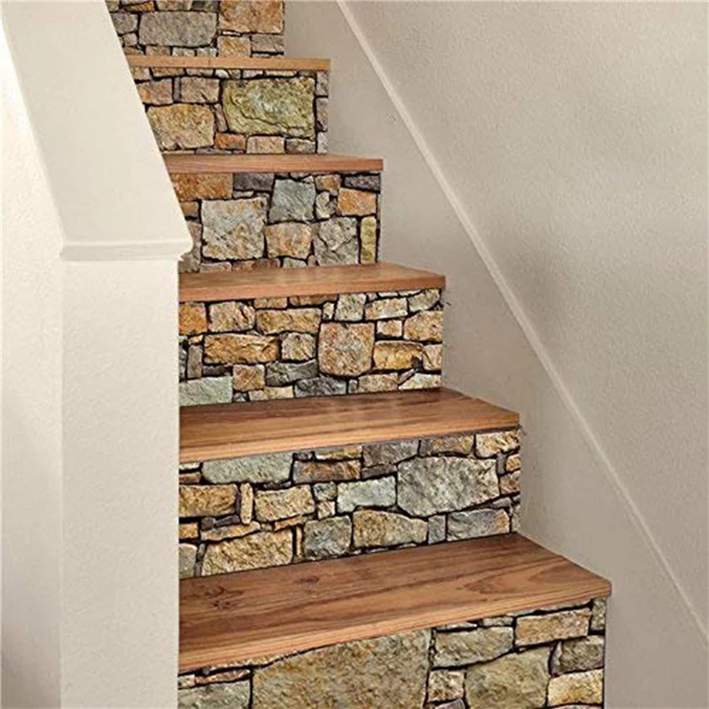 sticker mural escalier imitation pierre rustique beige marron gris rouge brique opalescent six pièces