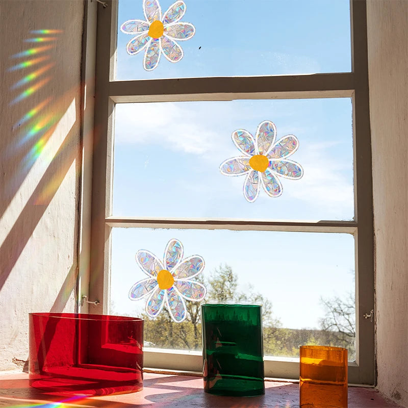 décoration fenêtre stickers fleurs marguerite effet holographique lumineux enfantine autocollants