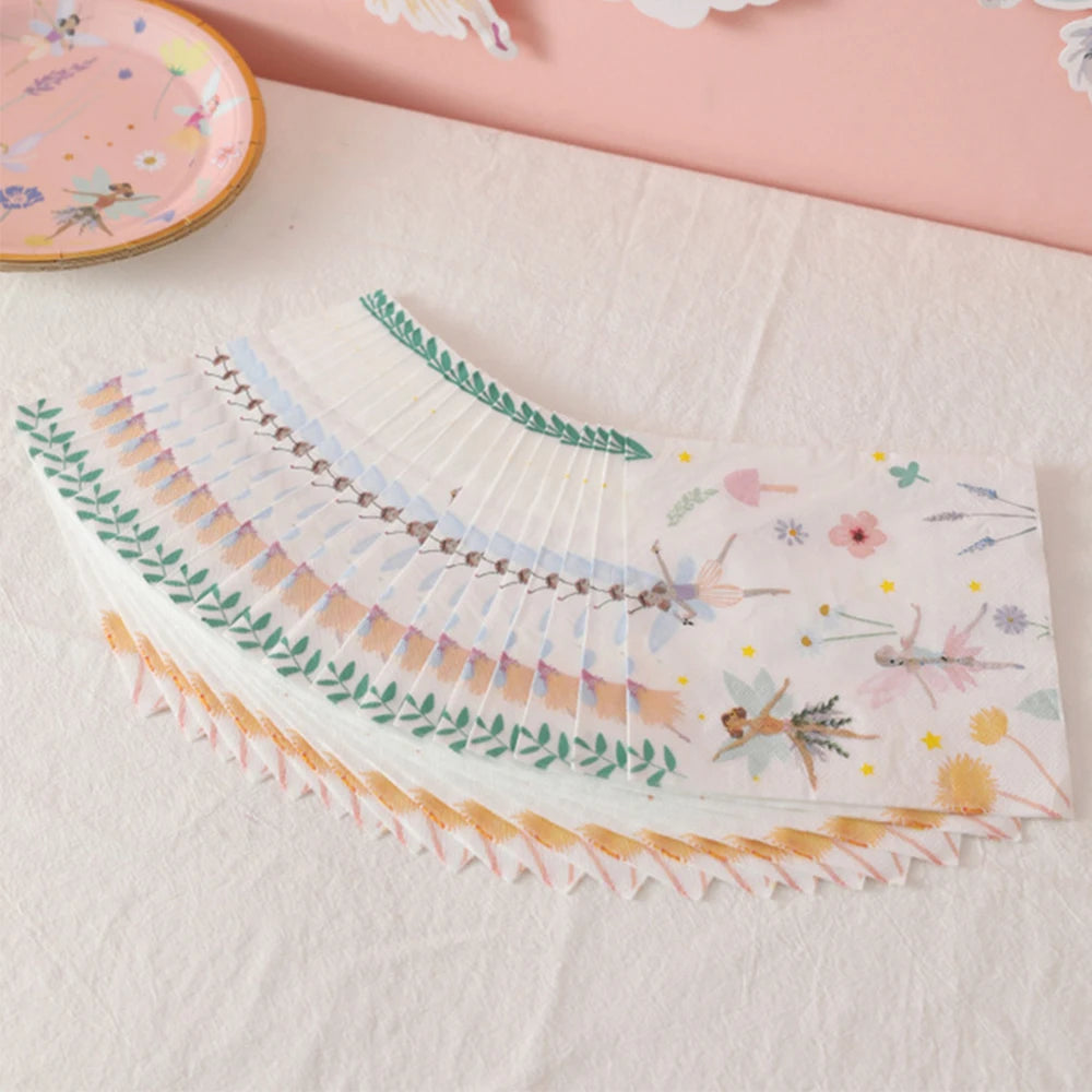 serviettes papier fées forêt enchantée anniversaire mariage baptême noël enfantin illustration fleurs coeurs