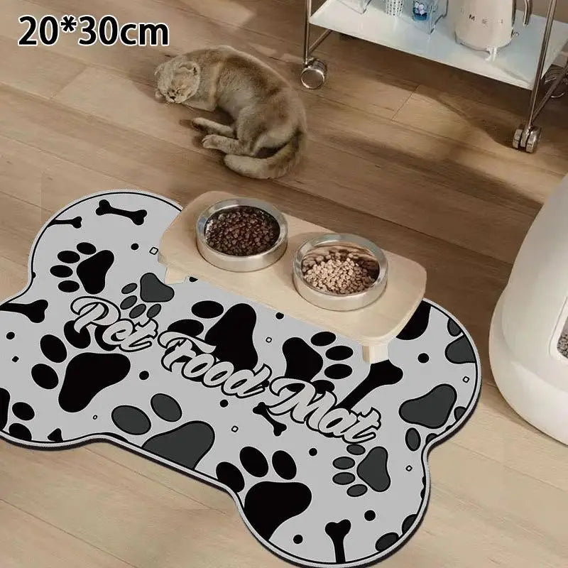 tapis nourrir animal blanc gris motif géométrique moderne anti dérapant deux bols métal