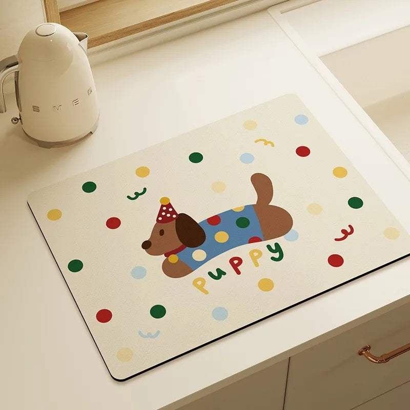 tapis cuisine drain plat illustration chiots motifs colorés résistant antibactérien antislip blanc moderne