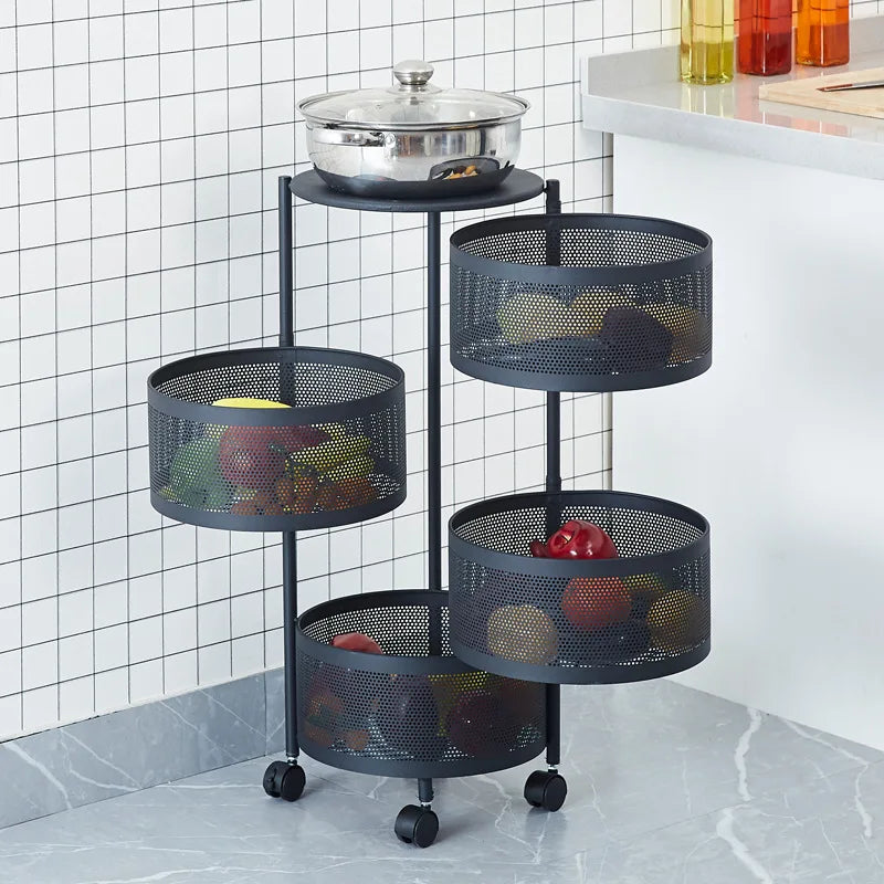 chariot roulettes multifonction moderne paniers rotatifs plateau supérieur grille métallique rangement cuisine blanc noir