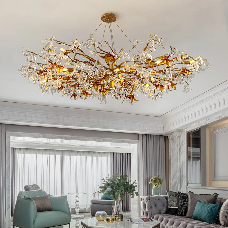lustre cristal doré branches feuilles translucides moderne élégant suspension salon chambre luxe décoratif