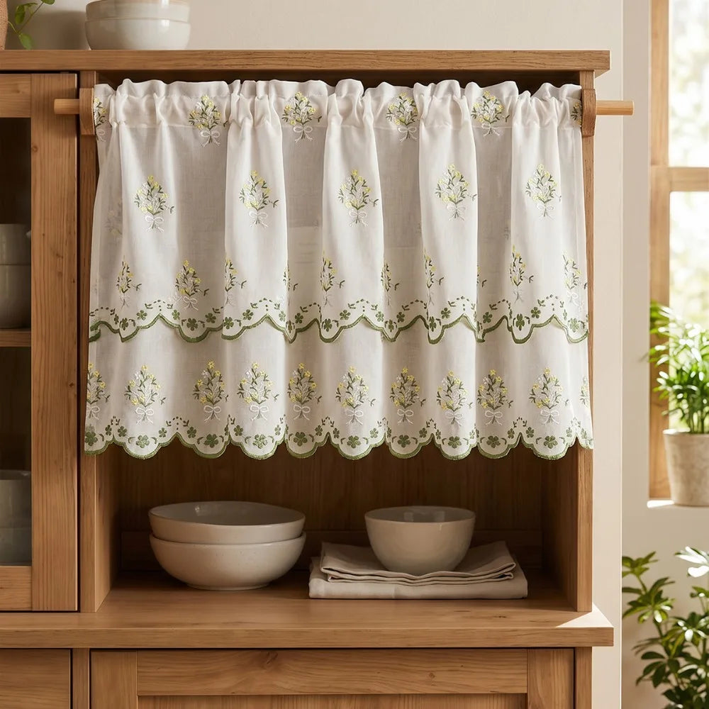 rideau blanc brodé fleurs semi transparent classique anneaux vert rose jaune beige