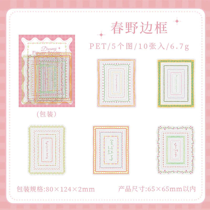 autocollants décoratifs floraux bleu vert rose blanc bordures textes adhésifs graphiques minimaliste scrapbooking matériaux