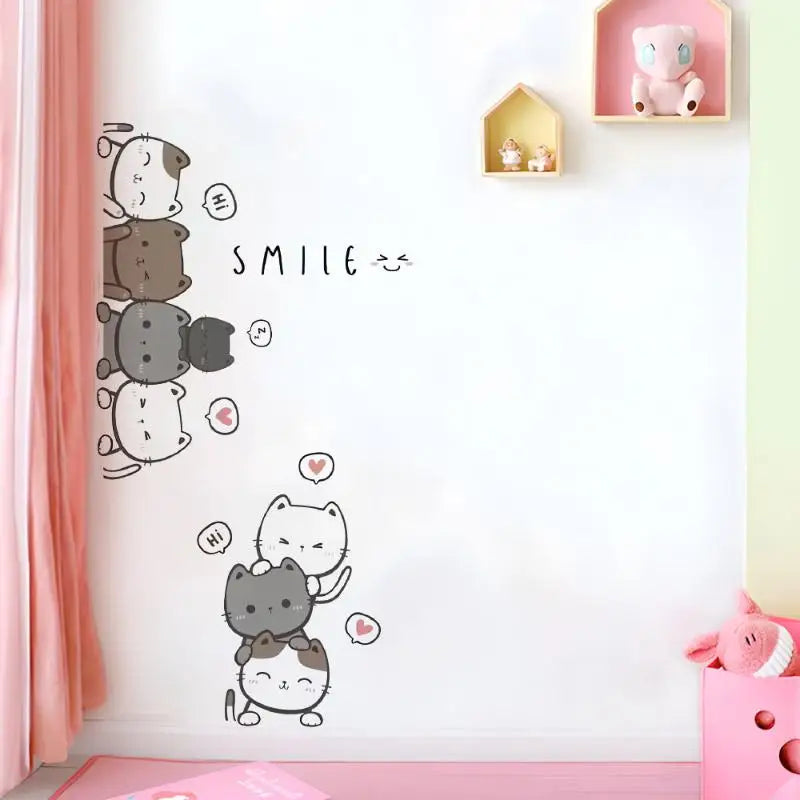 sticker mural cartoon chats gris blanc rose bleu smile decoration intérieure salon chambre enfant