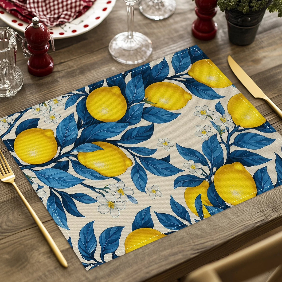 tapis table lin citrons feuilles fleurs blanches été printemps moderne naturel