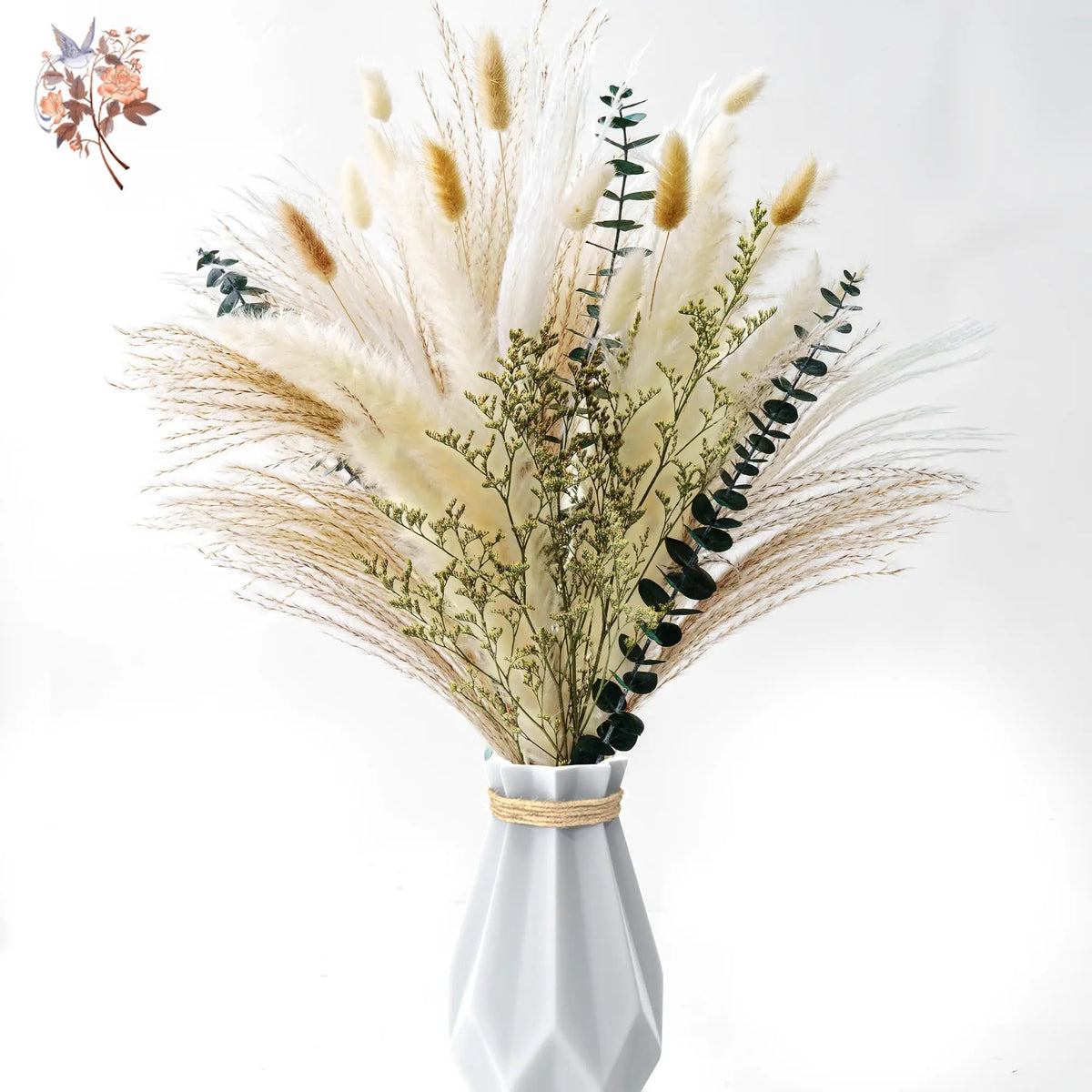 bouquet fleurs séchées blanc beige vert plumes feuilles boho chic ruban vase décoration intérieure