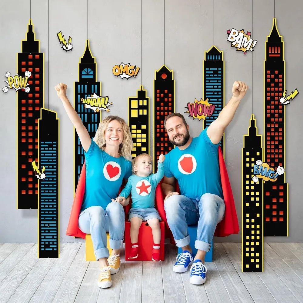 décoration fête anniversaire super héros gratte ciel onomatopées bandes dessinées garland découpes murales enfants