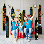 décoration fête anniversaire super héros gratte ciel onomatopées bandes dessinées garland découpes murales enfants