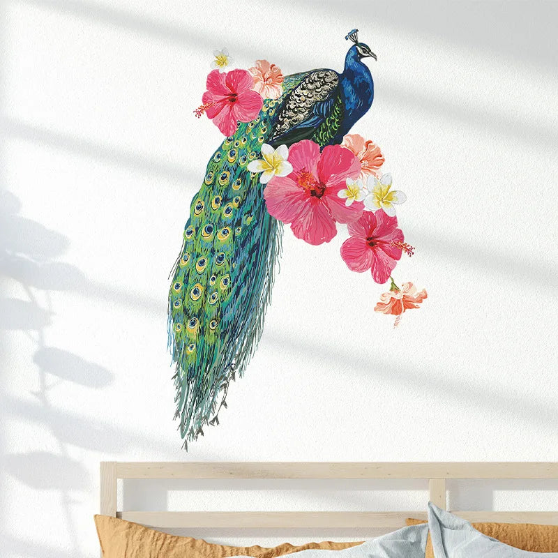 sticker mural paon coloré adhésif moderne bleu vert noir rose blanc fleurs