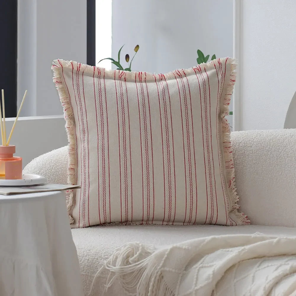 coussin housse coton polyester beige rayures rouges franges rustique maison salon chambre voiture