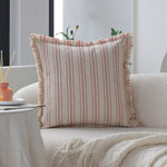 coussin housse coton polyester beige rayures rouges franges rustique maison salon chambre voiture