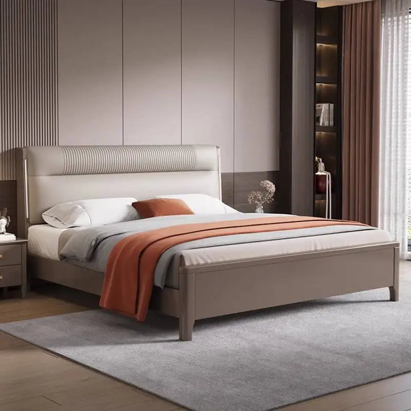 lit moderne bois beige gris orange tissu plissé oreiller couverture draps tapis