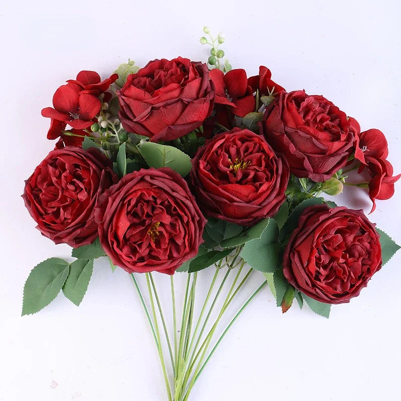 bouquet fleurs artificielles roses naturelles décoration mariage anniversaire intérieur 50cm 13 têtes soie