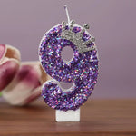 bougies anniversaire chiffres violet paillettes décoratives brillantes gâteau princesse festive