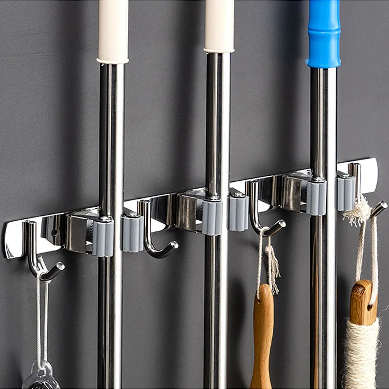 porte balai mural support chrome vert bleu moderne adhésif salle bain rangement outil nettoyage