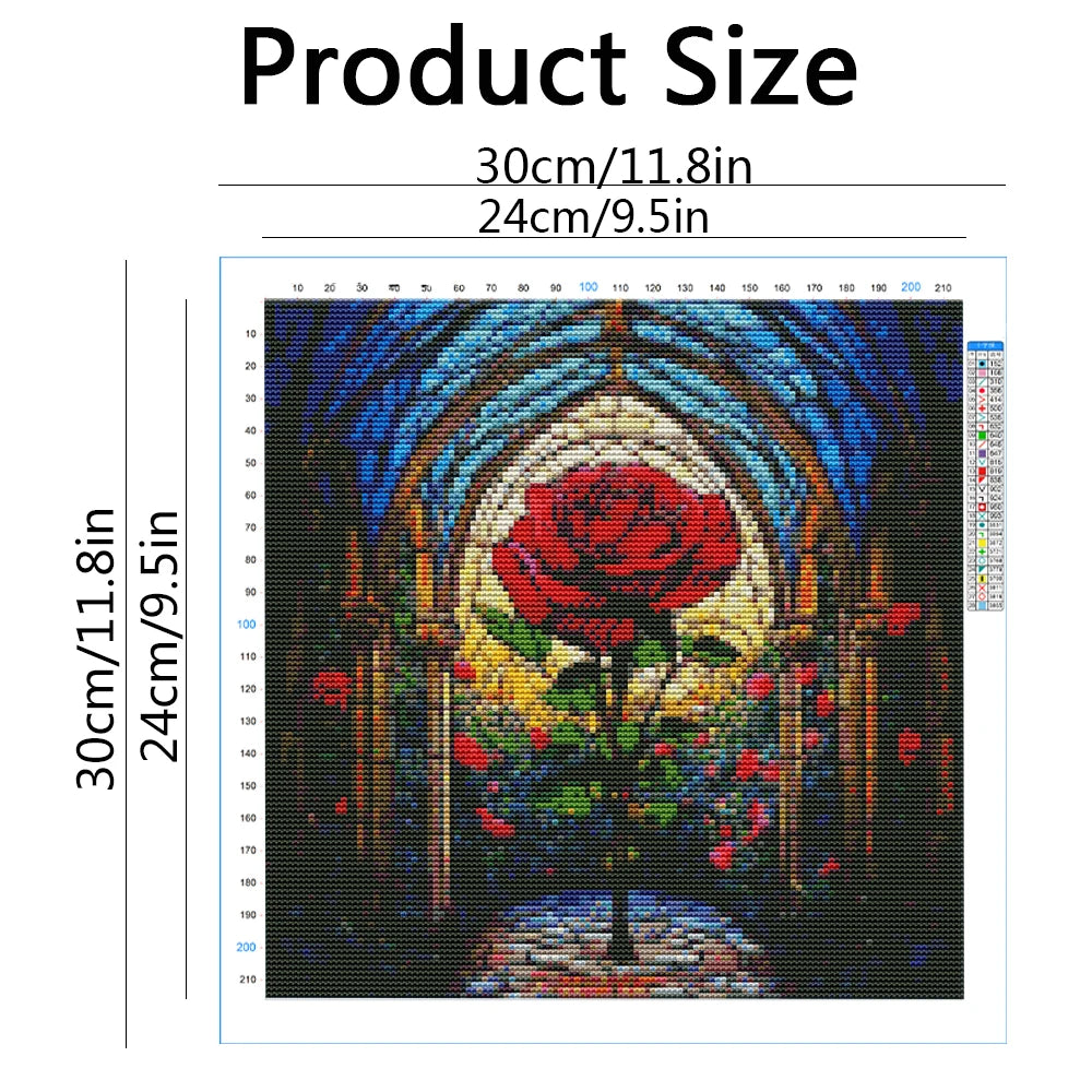 tableau broderie motif floral rose arches vitrail fond jardin rubans fils couleur variées débutants