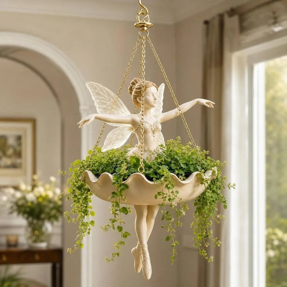 cache pot suspendu résine feuilles vertes figurine sirène classique romantique oiseau doré decoration plantes