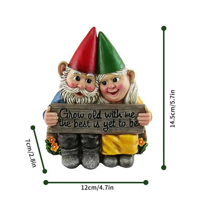 statue gnomes jardin rouge vert bleu plaque gravée romantique décoration noëlextérieur fantaisiste