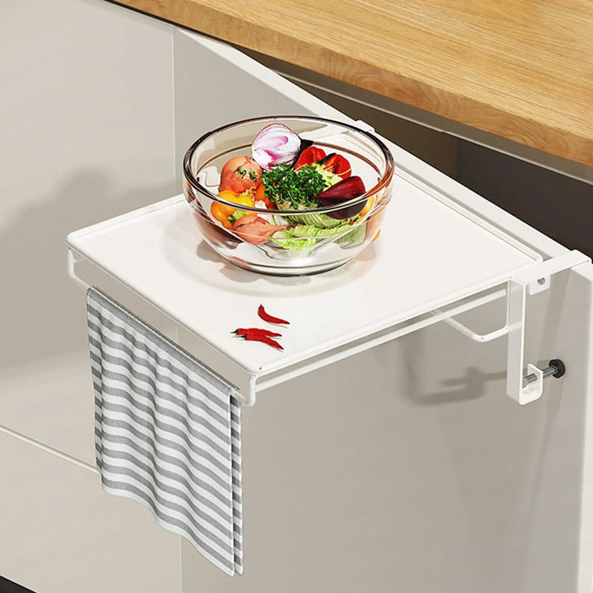 tablette cuisine pliante moderne blanc noir porte serviettes rangement clips fixations utilisation multiple kitchen