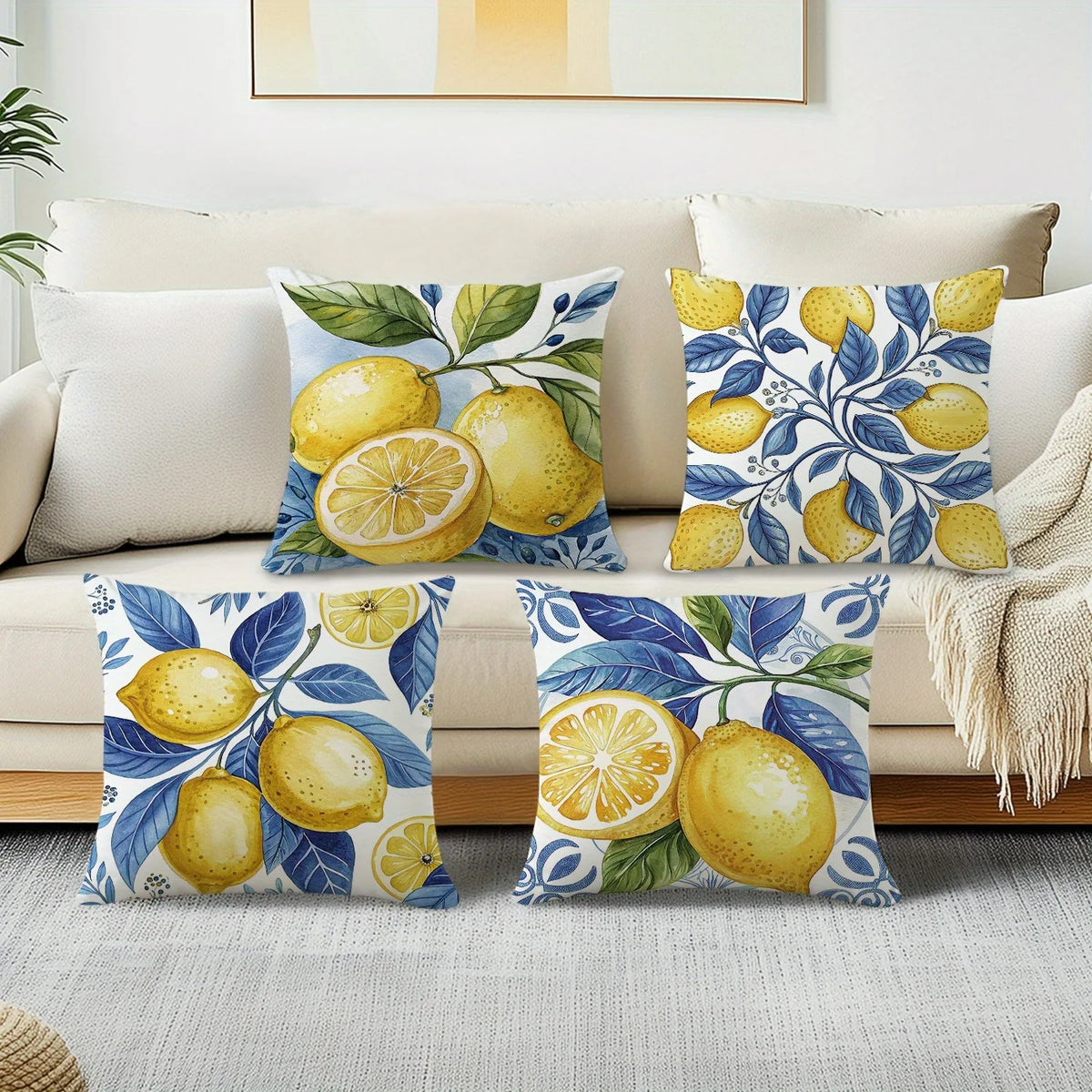 taies d'oreiller décoratives imprimées citrons feuilles bleu moderne maison lit