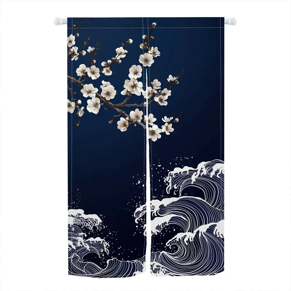 rideau porte art japonais ondes fleurs cerisier opacité anneaux bleu marine blanc rouge
