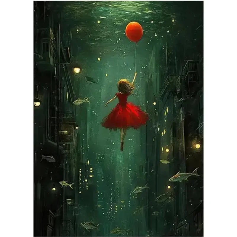 tableau moderne fille sous marine poissons lumières verte rouge noir décoration maison salon art