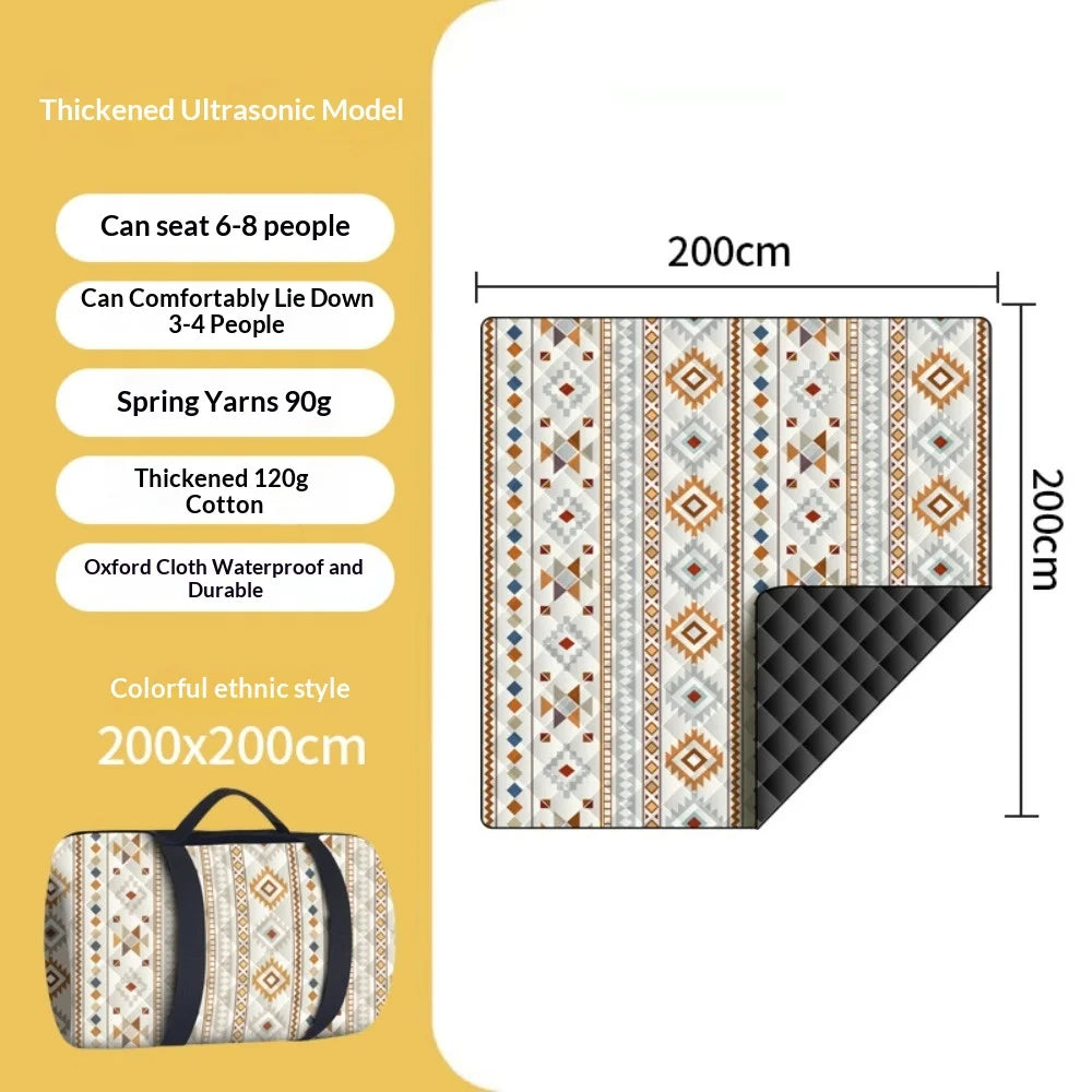 tapis pique nique pliable imperméable motif ethnique sac transport couleur beige orange bleu rouge