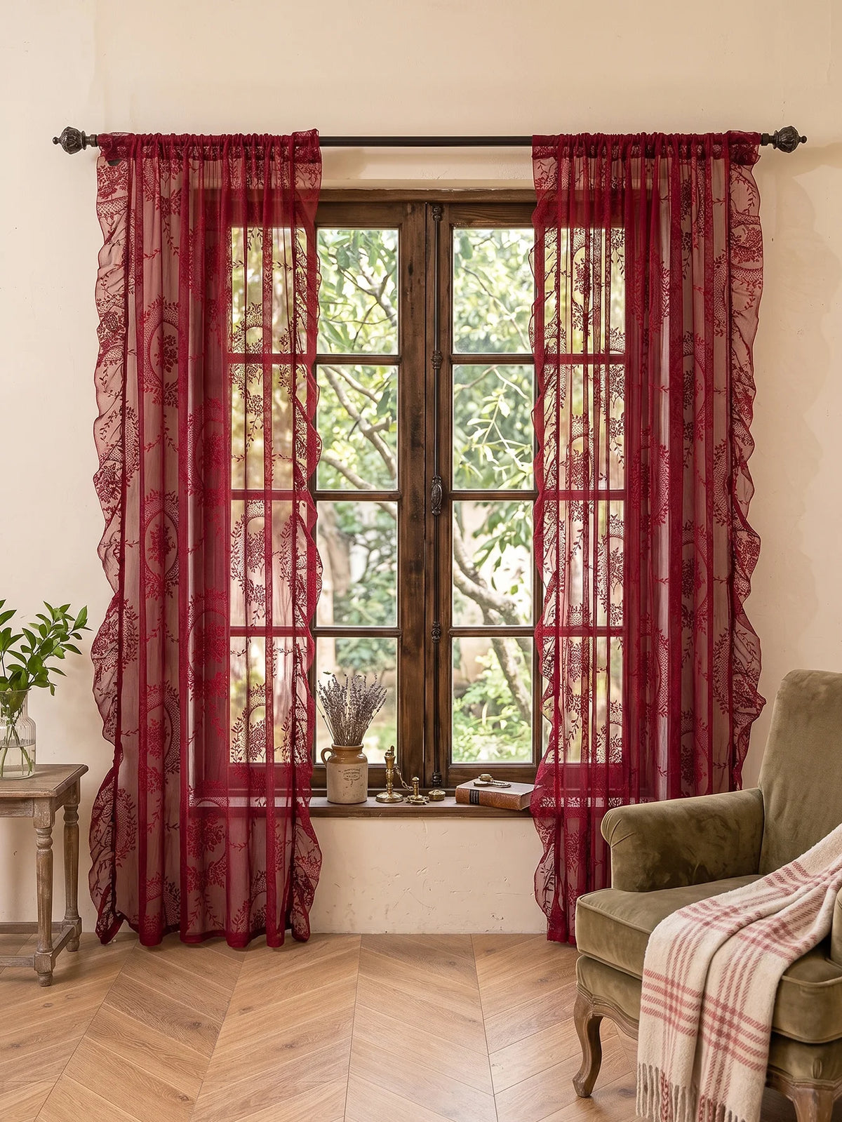 rideau brodé fleurs rouge classique transparent décoration intérieure maison pastorale 140x200cm