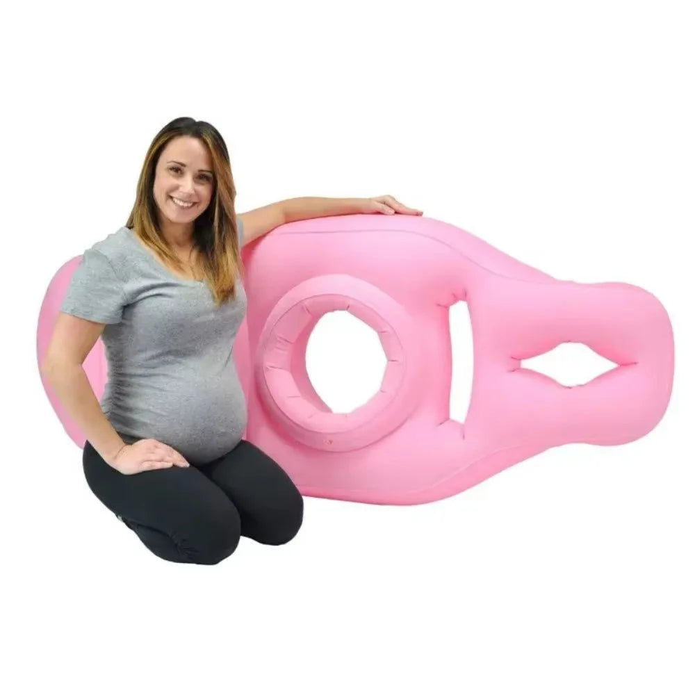 coussin gonflable confort grossesse rayures horizontales beige rose bleu ergonomique mousse mémoire forme concave