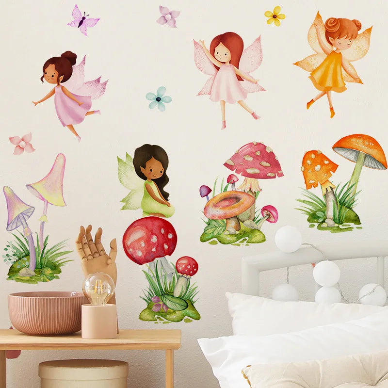 stickers muraux décoratifs fées champignons fleurs papillons aquarelle fantaisie enfantine opaques adhésifs