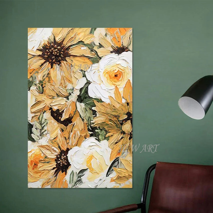 tableau abstrait impressionniste fleurs tournesols roses toile murale moderne sans cadre vertical huile