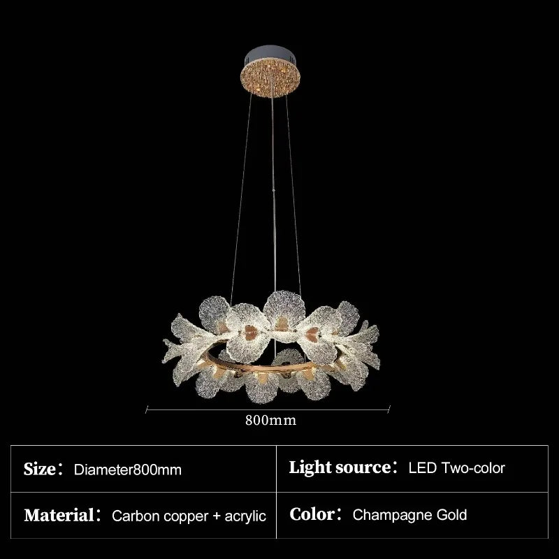 Suspension lumineuse cristal blanc doré fleurs relief moderne élégante chambre salon