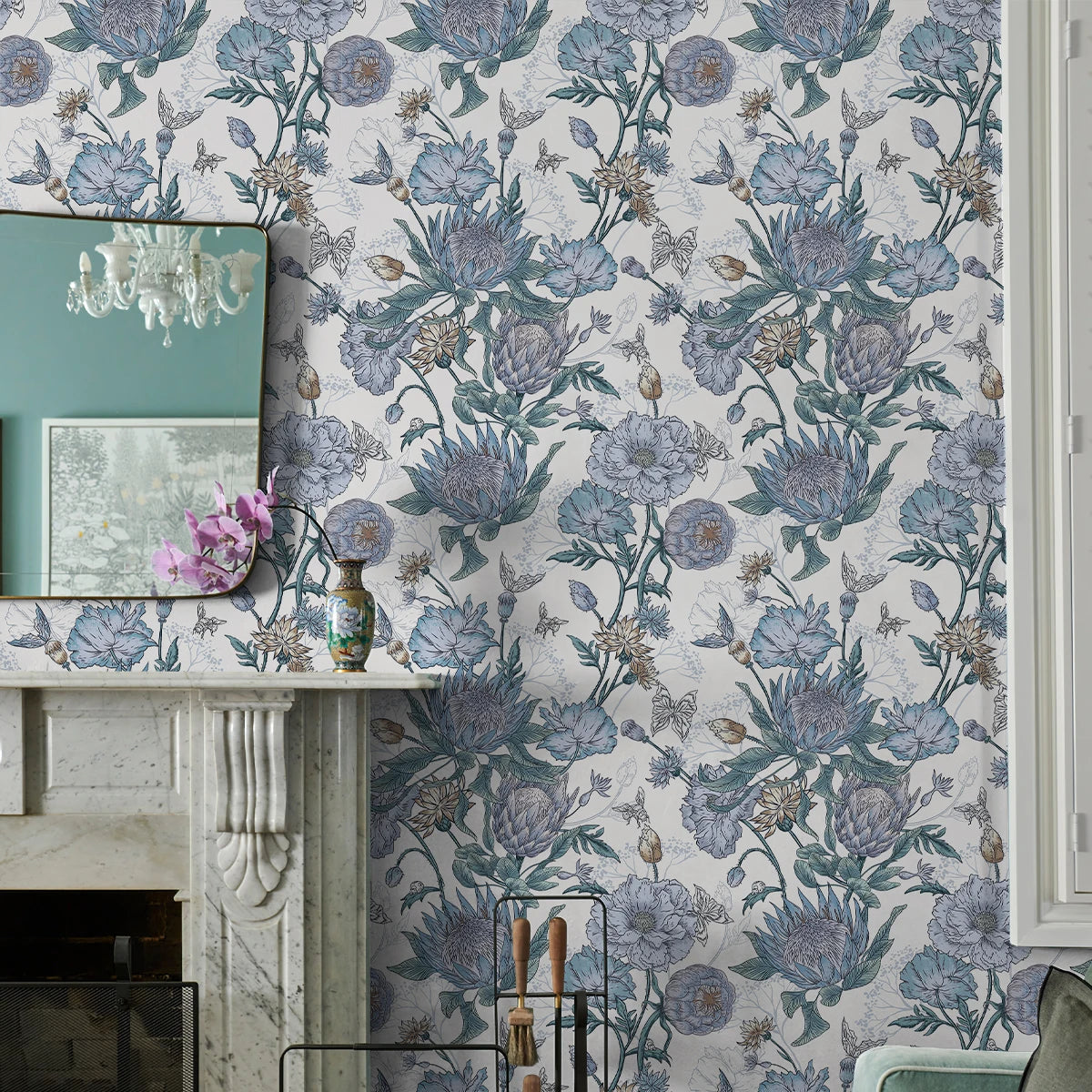 papier peint floral bleu vert vinyle autocollant résistant humidité classement chambre cuisine étudié salon