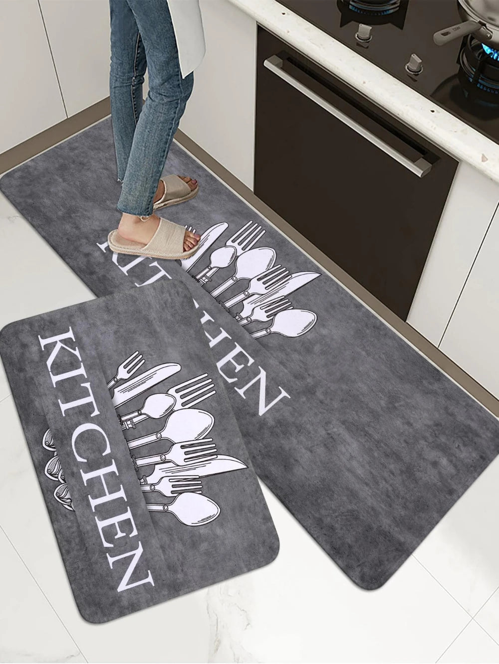 tapis non slip cuisine motif couverts gris moderne 40x120cm doux