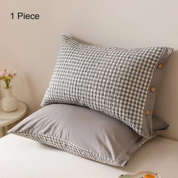 housse coussin rectangulaire coton polyester carreaux rayures bleu clair rouge gris clair moderne fixation