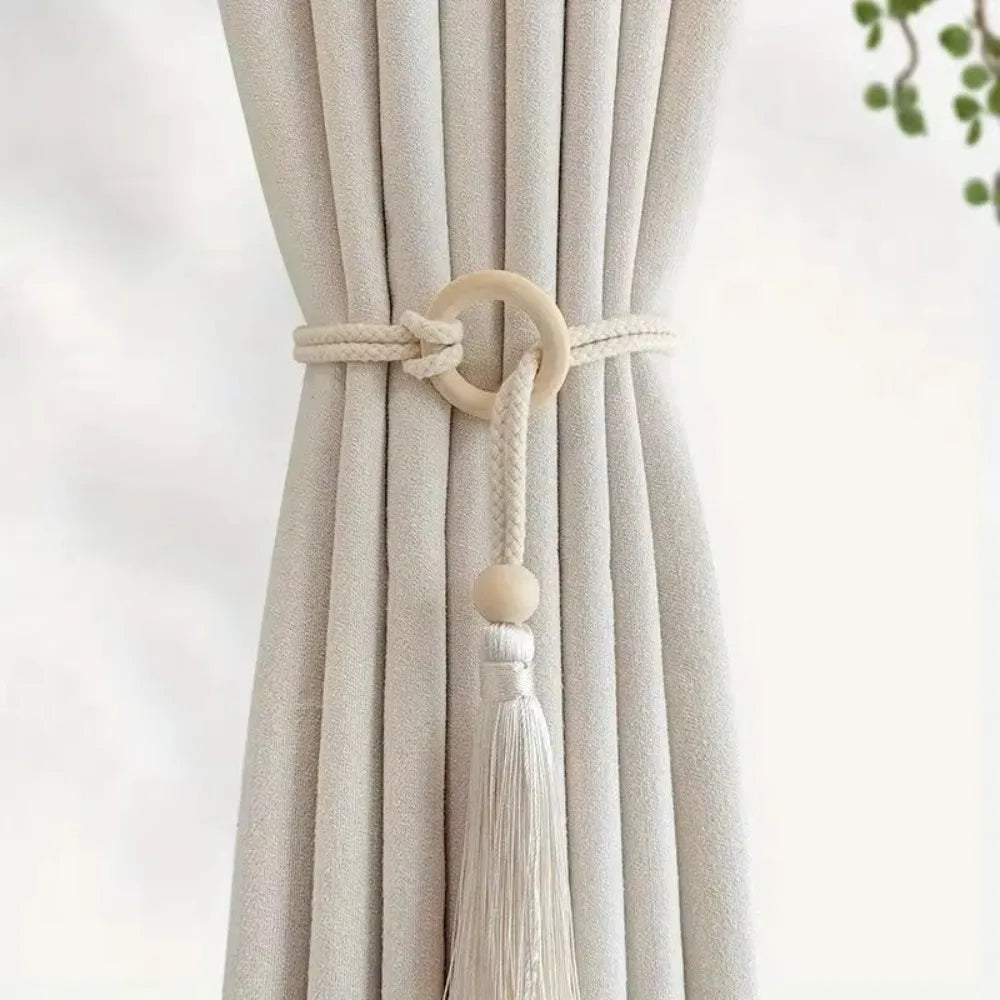 rideaux bohèmes attache corde coton bois pompon frange décoratif scandinave rustic