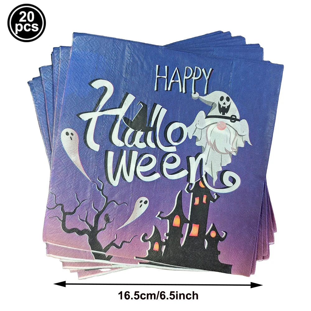serviettes papier halloween motifs citrouille fantôme crâne main ensanglantée sorcière chauve souris cocktail